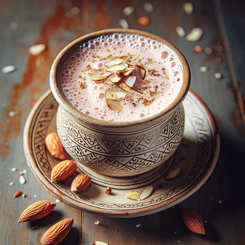 A cup of pink Kashmiri chai garnished with chopped almonds and pistachios