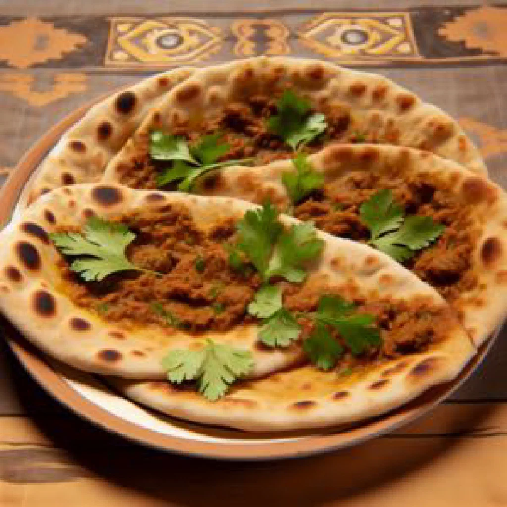 Keema naan stuffed with spiced minced meat and garnished with fresh coriander