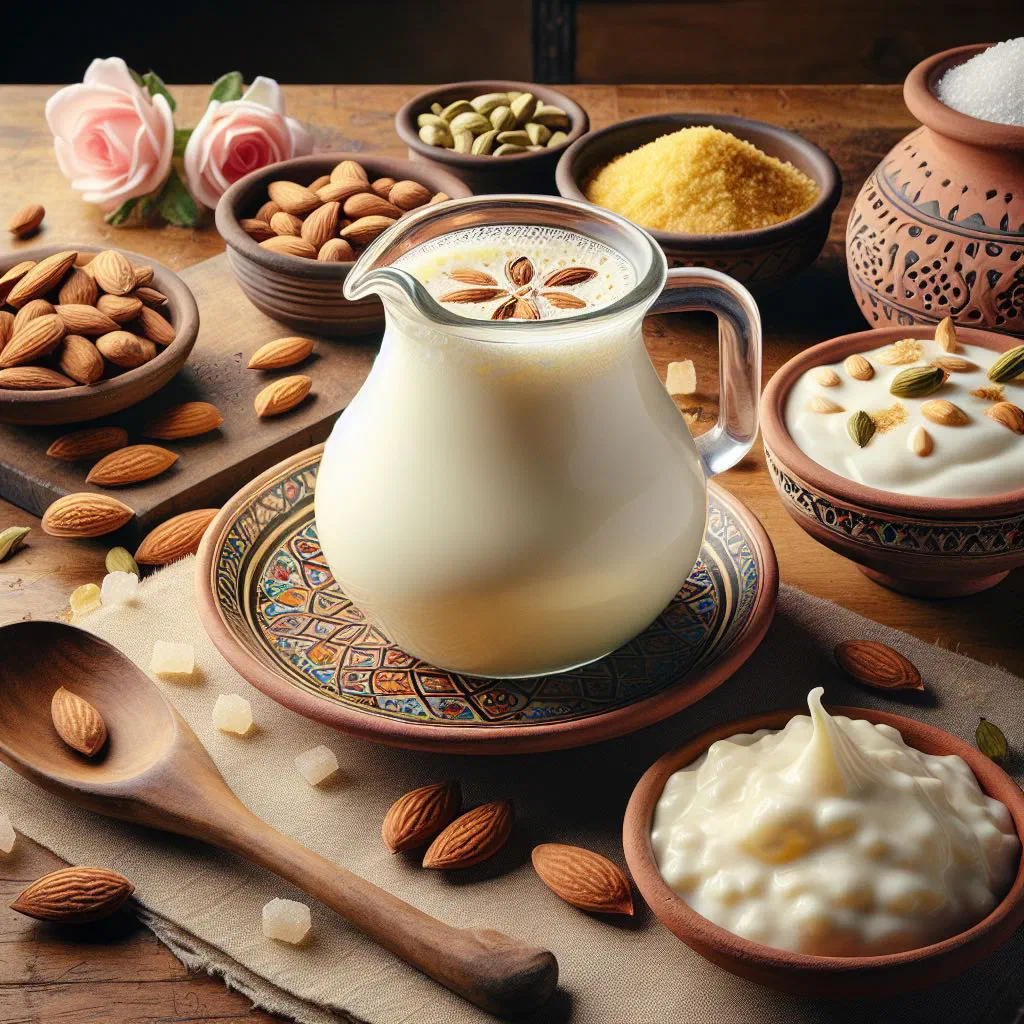 A tall glass of creamy lassi topped with a sprinkle of cardamom
