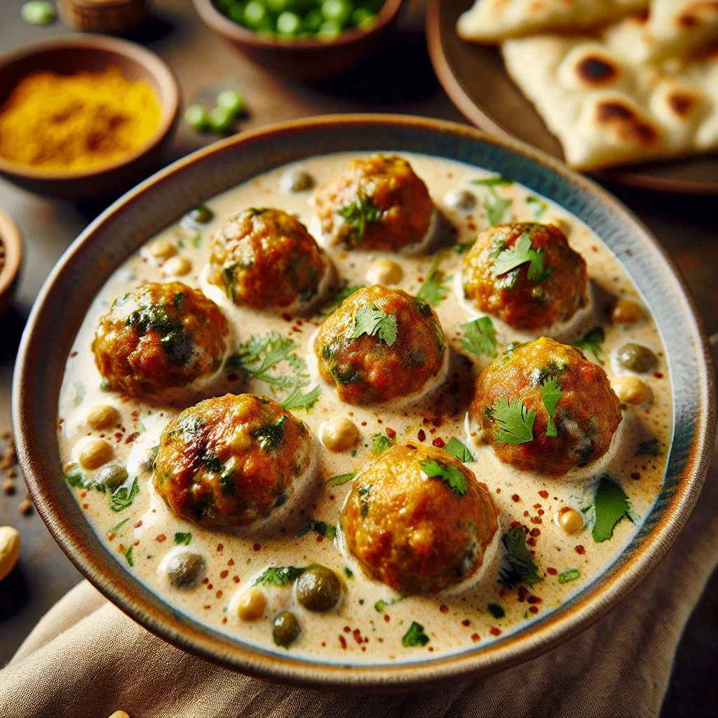 Malai kofta balls in a creamy tomato sauce garnished with fresh coriander