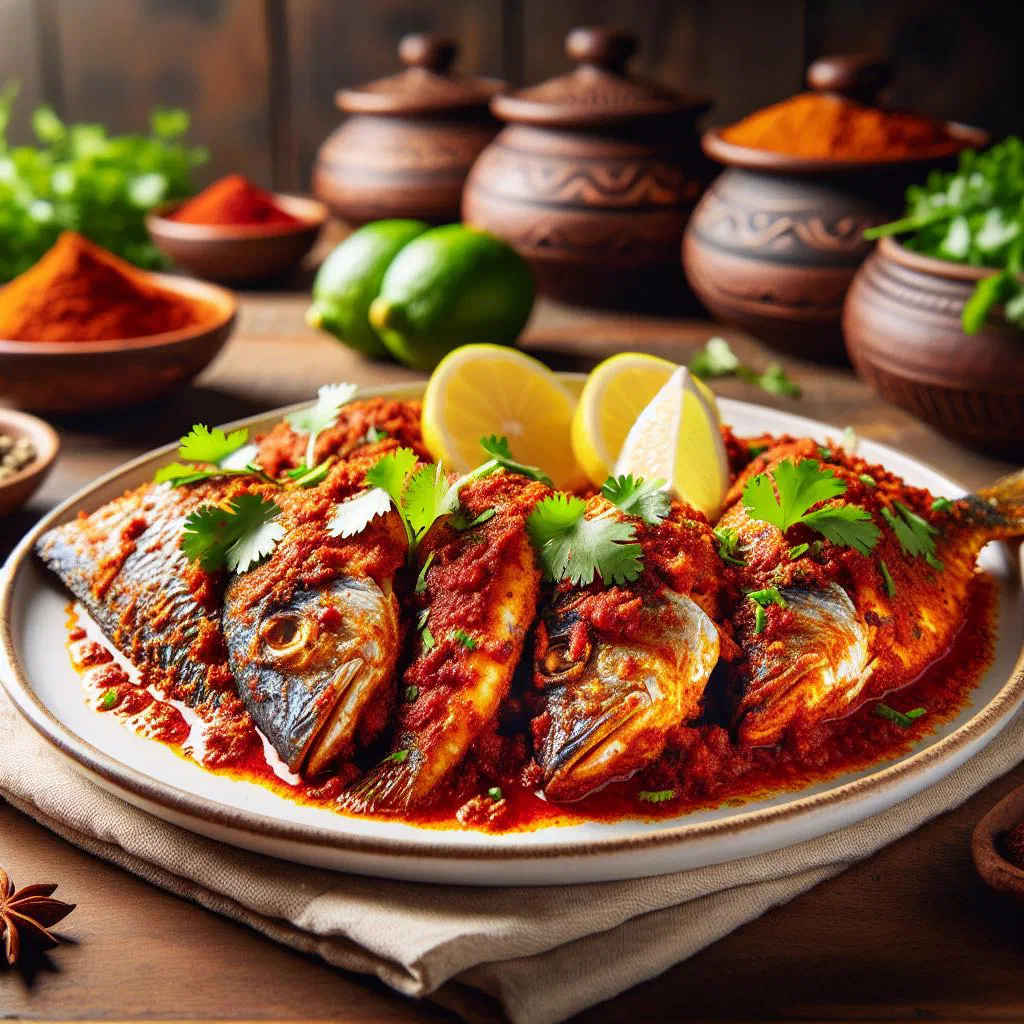 Golden pan-fried masala fish fillets garnished with fresh coriander and lemon