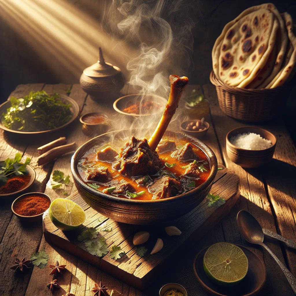Bowl of nalli nihari lamb shank stew garnished with fresh coriander and ginger