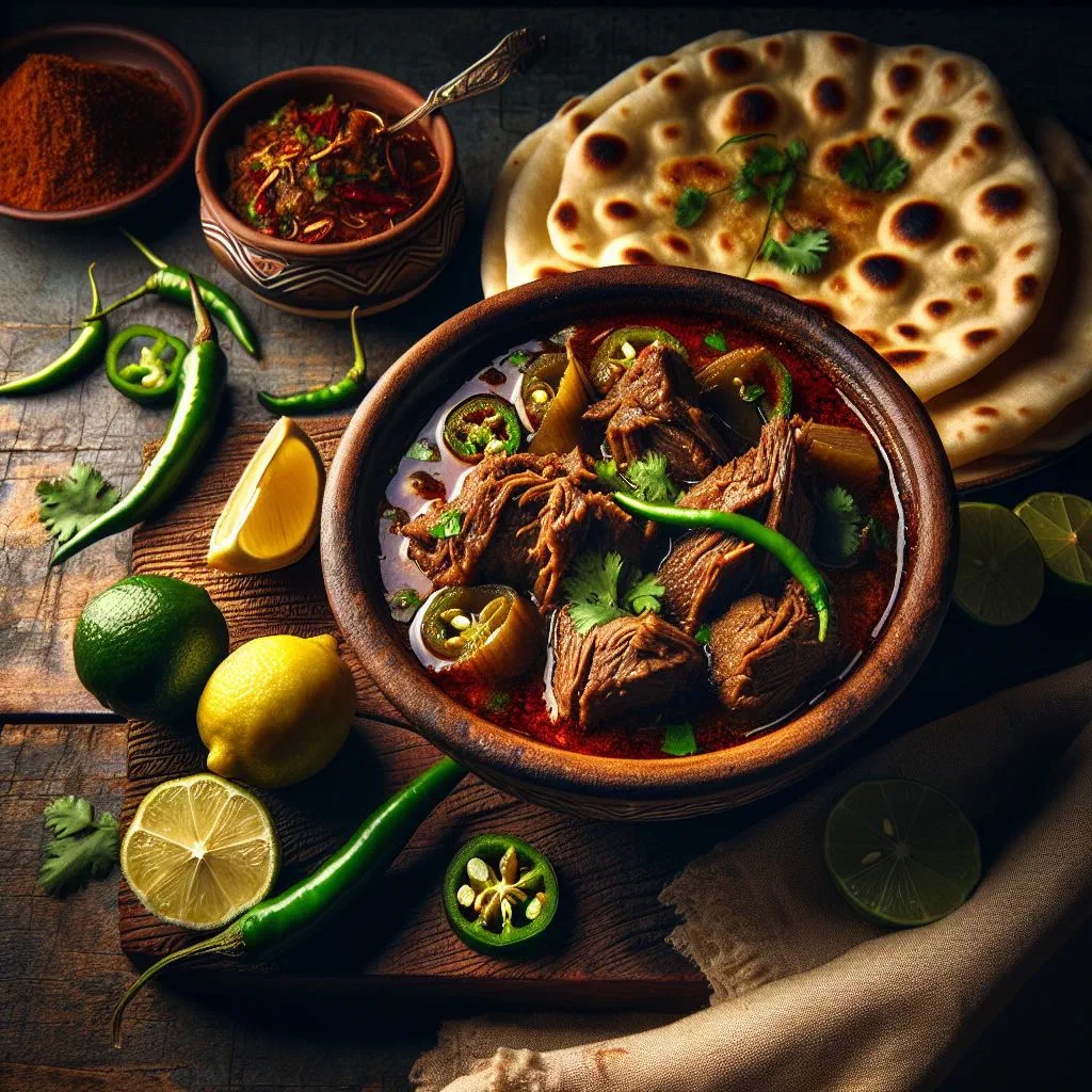 A bowl of rich, spiced Nihari beef stew garnished with ginger and coriander