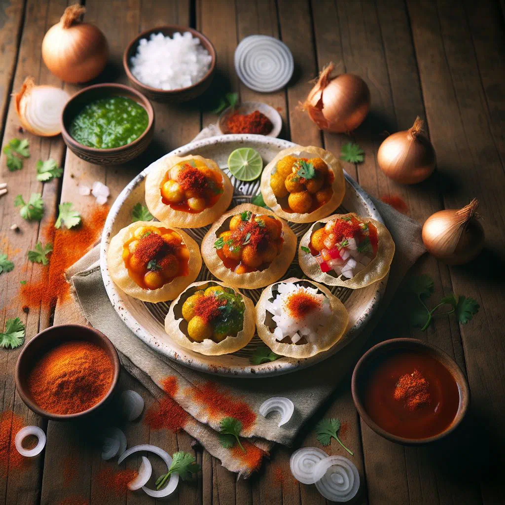 Crisp pani puri shells filled with spiced potato and chickpeas, served with mint water