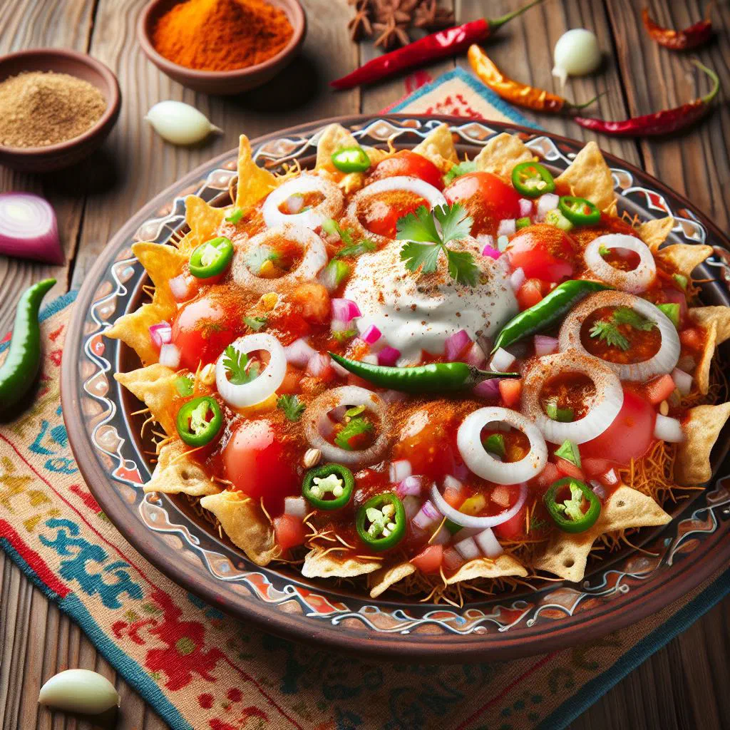 Papri chaat topped with yoghurt, tamarind sauce and fresh coriander