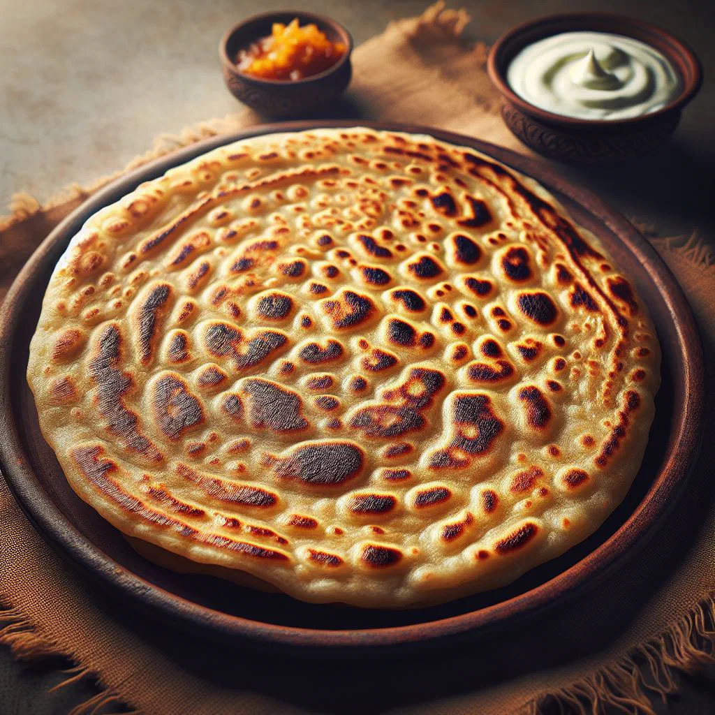 Stack of golden, flaky plain parathas on a plate
