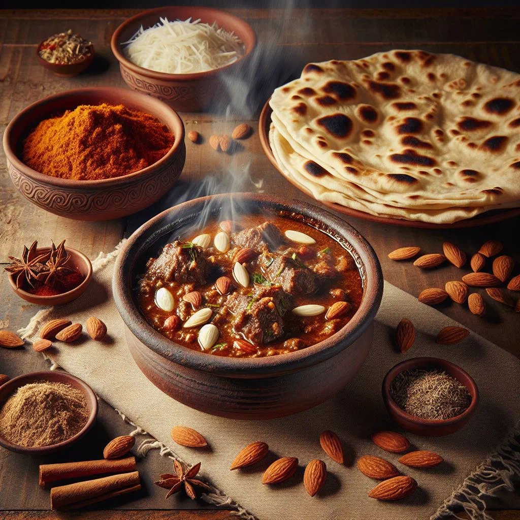 A bowl of qorma with tender meat in a rich, creamy spiced sauce garnished with coriander