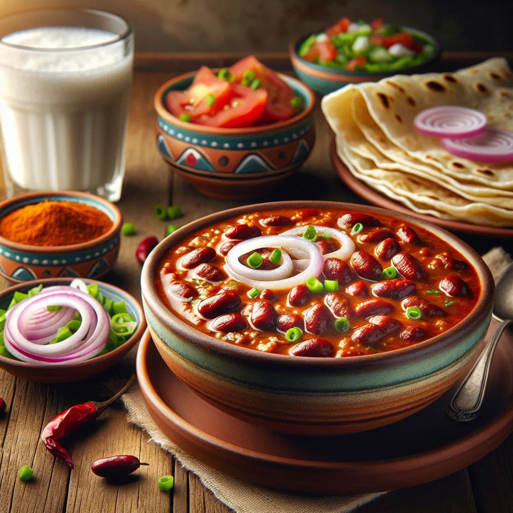 Rajma curry of red kidney beans in a spiced tomato sauce, garnished with fresh coriander