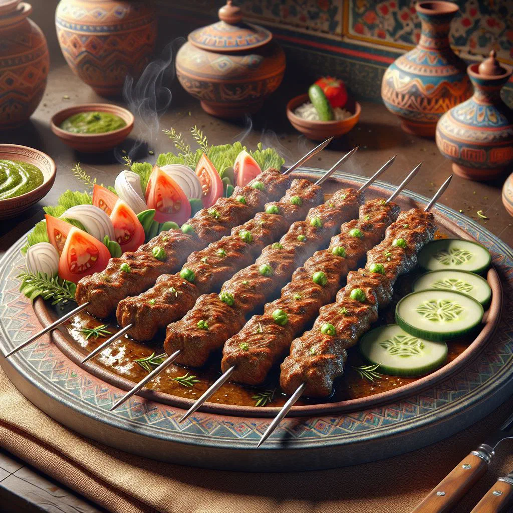 Grilled seekh kebabs on skewers with fresh coriander and lemon