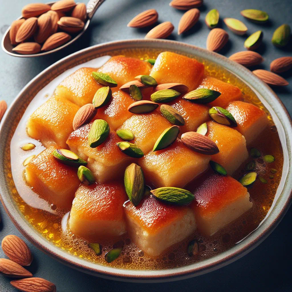 Shahi tukray fried bread soaked in syrup, topped with rabri and chopped nuts