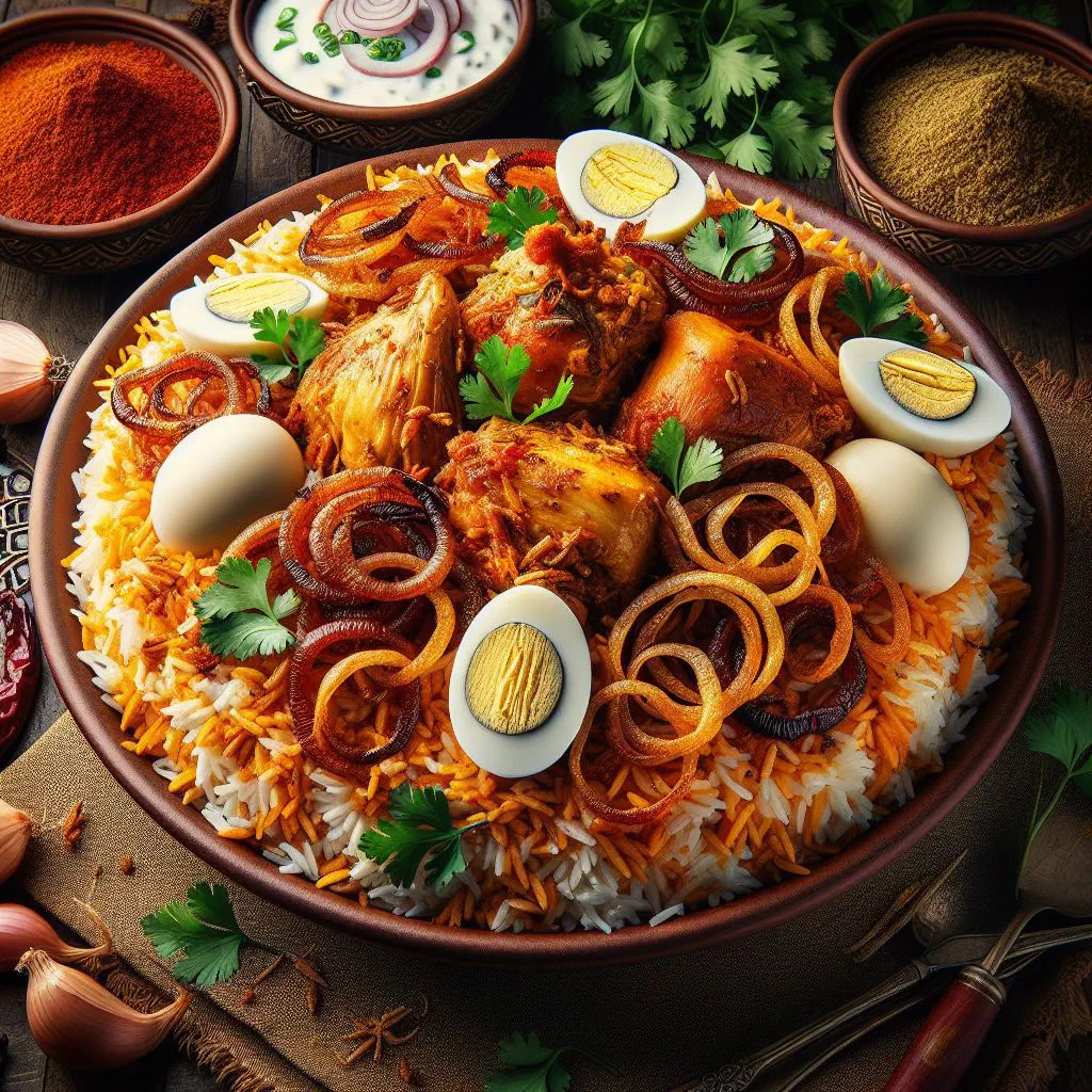 Fragrant Sufi biryani with spiced chicken, basmati rice and fresh herbs