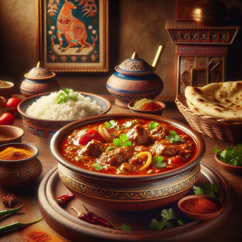 Tamatar gosht curry with tender meat in a tomato sauce, garnished with fresh coriander