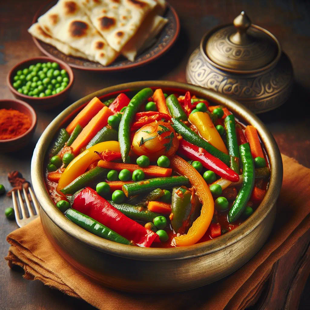 Vegetable jalfrezi with colourful peppers and green chillies in a spiced tomato sauce