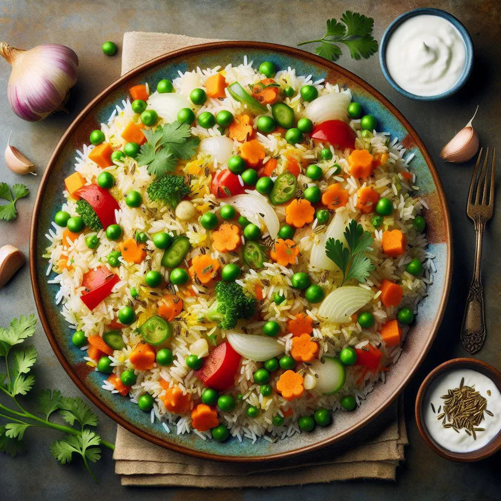 Fluffy vegetable pulao with basmati rice, mixed vegetables and fresh coriander