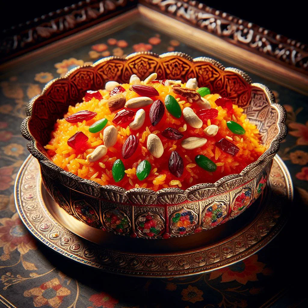 Bowl of brightly coloured sweet zarda rice topped with nuts and raisins