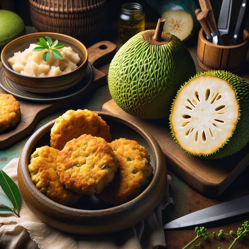 Golden pan-fried breadfruit and tuna patties on a plate with lime