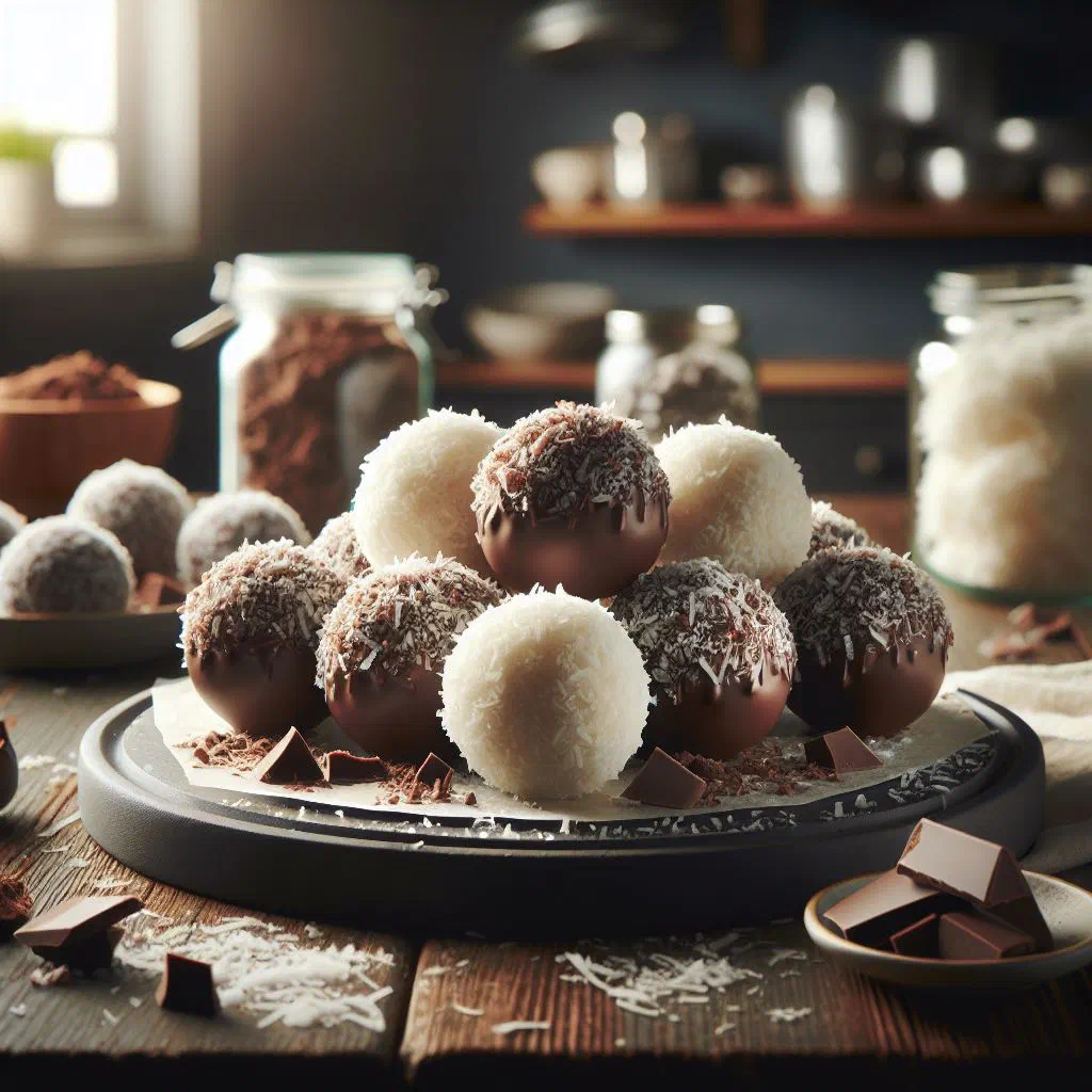 Chocolate coconut balls rolled in desiccated coconut on a wooden board