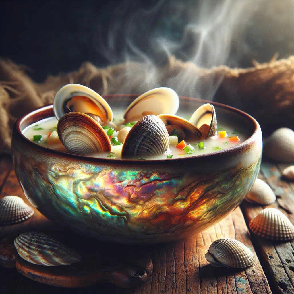 A steaming bowl of clam soup garnished with fresh parsley