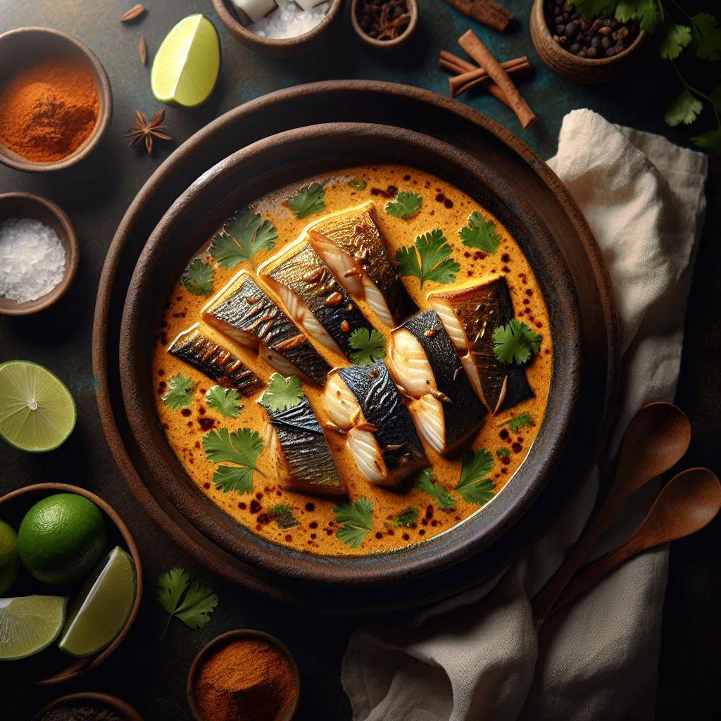 Coconut fish curry in a bowl garnished with fresh coriander