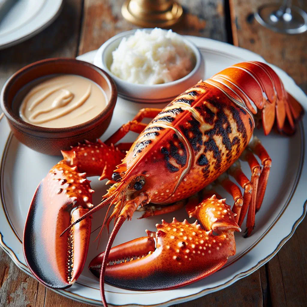 Grilled lobster halves glazed with coconut butter, garnished with fresh coriander and lime