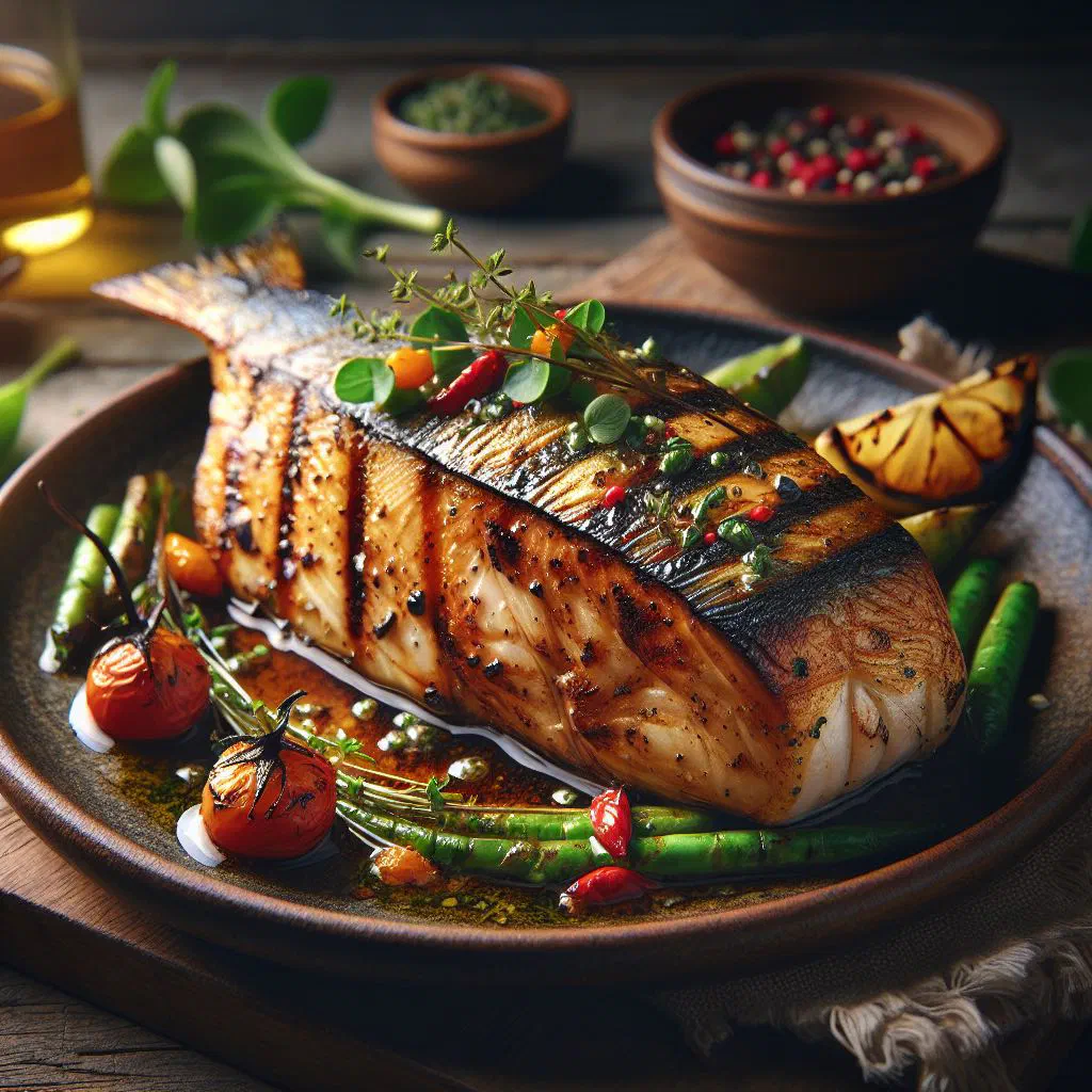Grilled mahi-mahi fillets with fresh herbs and lemon