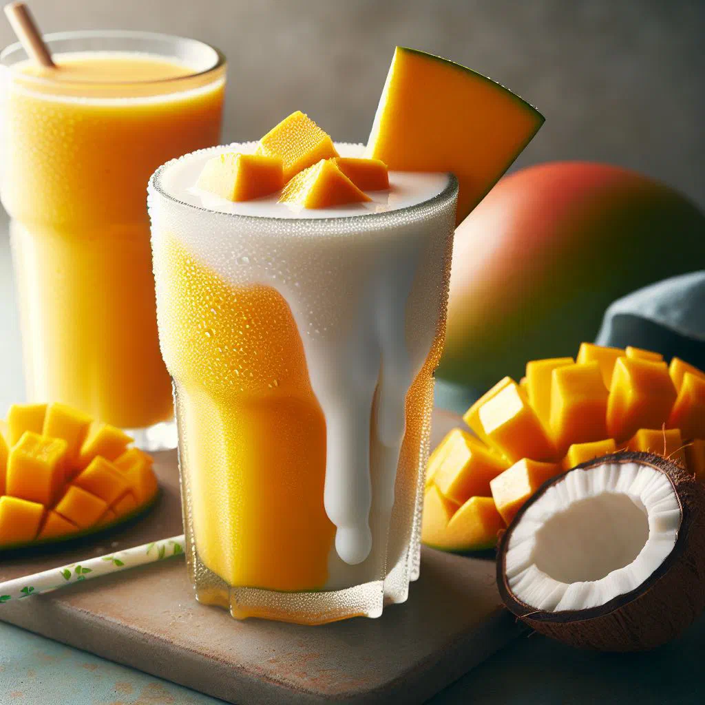 Creamy mango coconut smoothie in a tall glass with a lime slice
