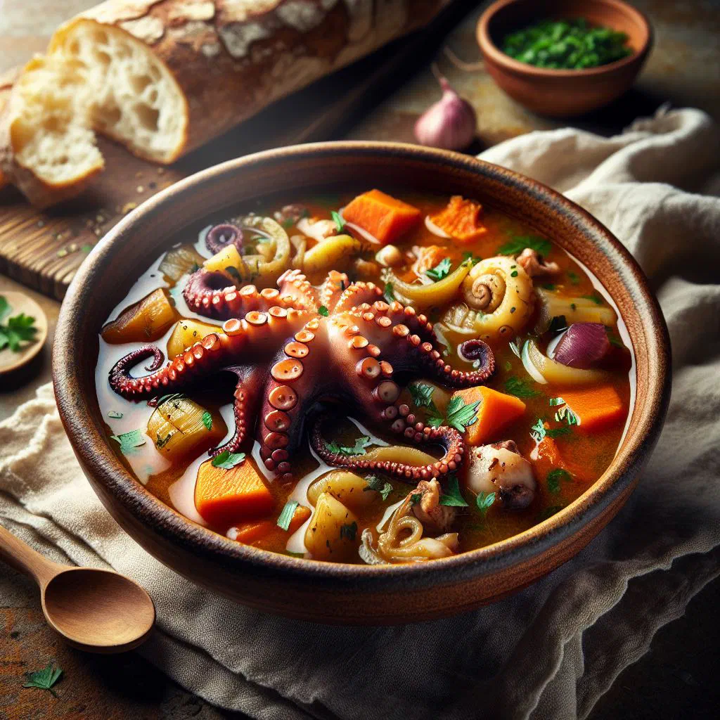 Palauan octopus stew with potatoes and carrots garnished with fresh parsley