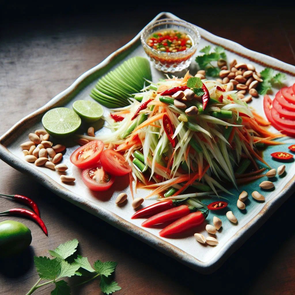 Fresh papaya salad with lime dressing, peppers and coriander in a bowl