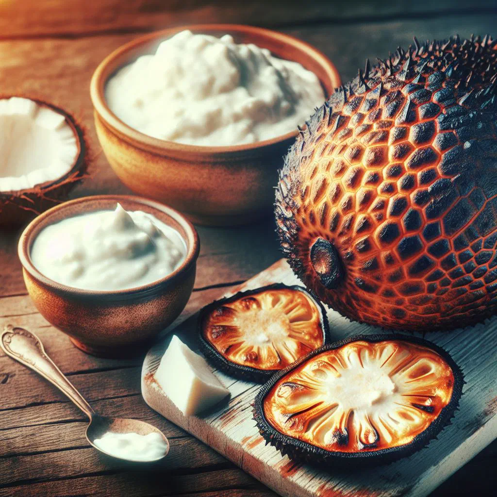 Golden roasted breadfruit pieces drizzled with warm coconut cream