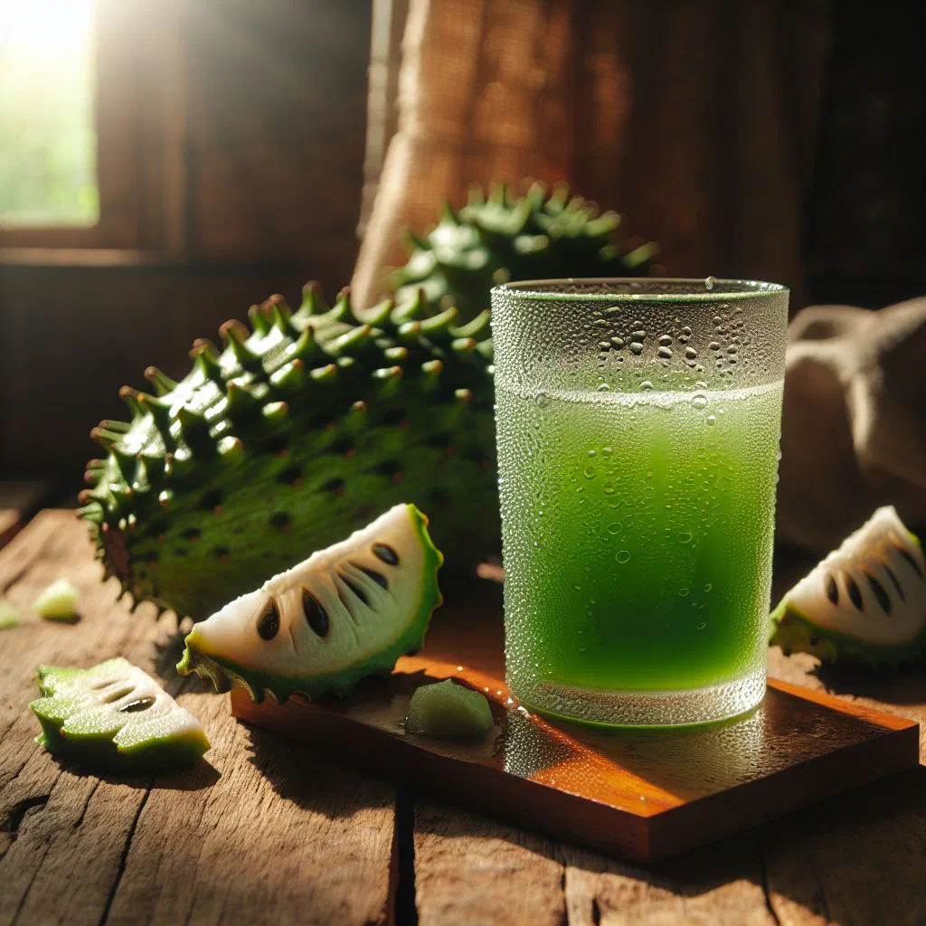 A chilled glass of creamy soursop juice with ice and lime