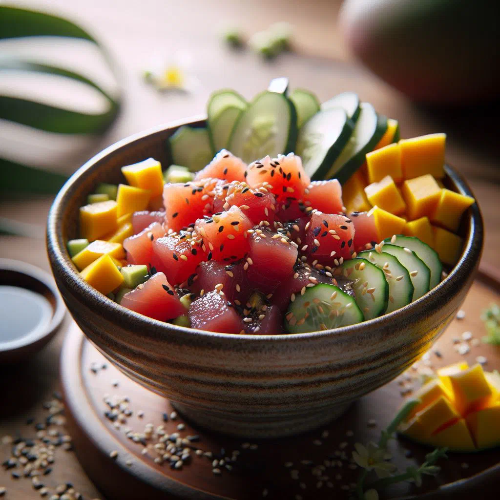Bowl of tuna poke with cubed tuna, sesame seeds and spring onion