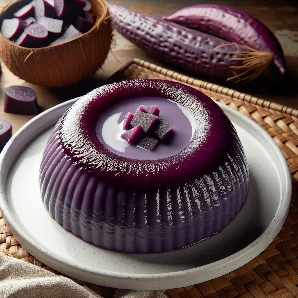 Bright purple ube halaya set in a dish and garnished for serving