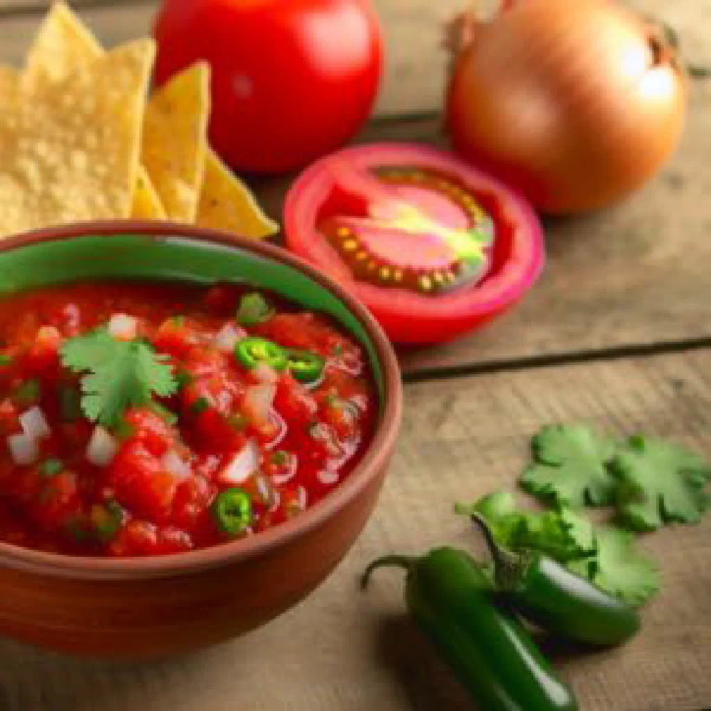 Fiery Ají Chombo salsa in a bowl with fresh chillies, tomato and lime