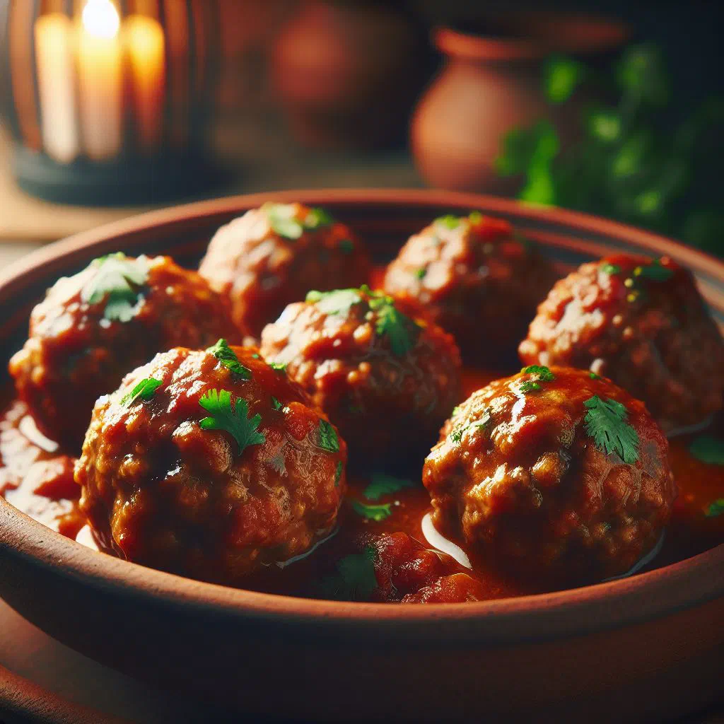 Panamanian albóndigas meatballs in tomato sauce garnished with fresh herbs