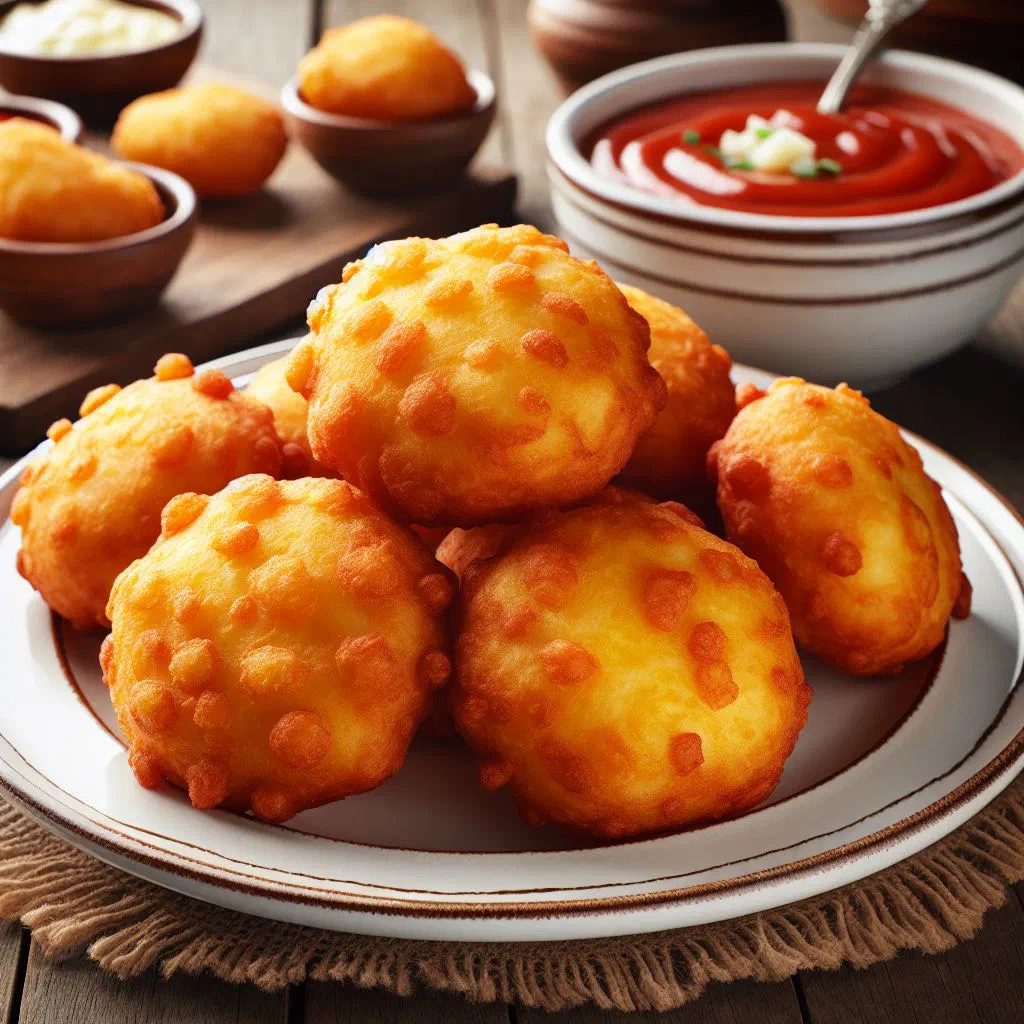 Golden fried almojábanos cheese dough balls piled on a plate