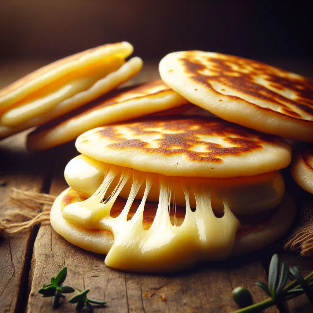 Golden arepas filled with melted cheese on a plate