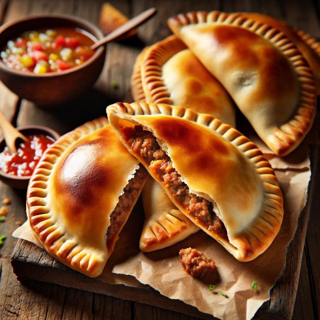 Golden baked beef empanadas on a wooden board