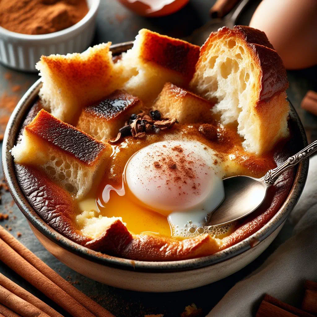 Golden-baked Panamanian bread pudding dusted with cinnamon