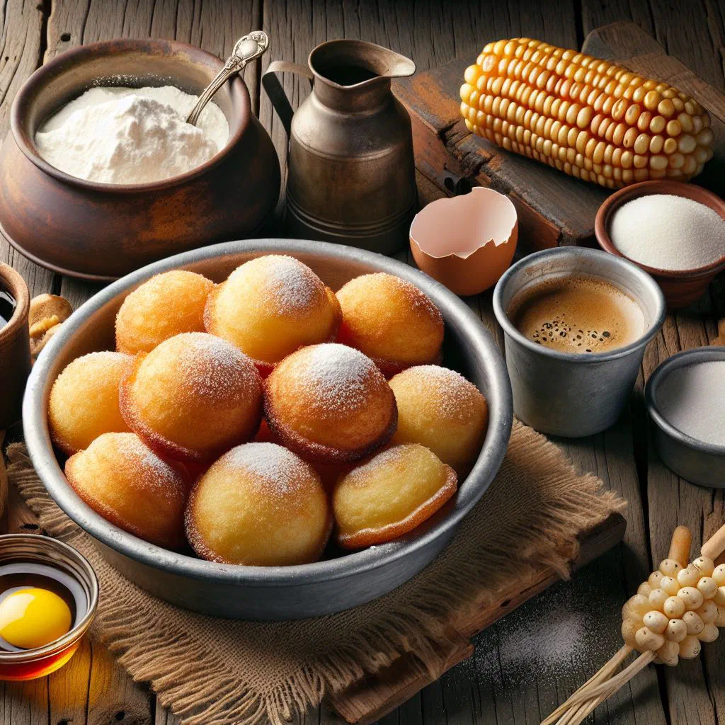 Golden corn fritters drizzled with syrup on a plate