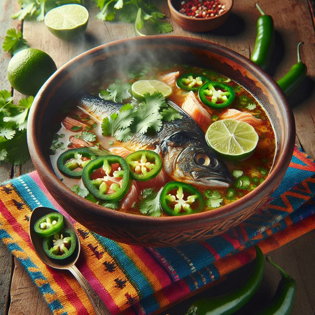 Bowl of Panamanian caldo de pescado garnished with fresh coriander and lime