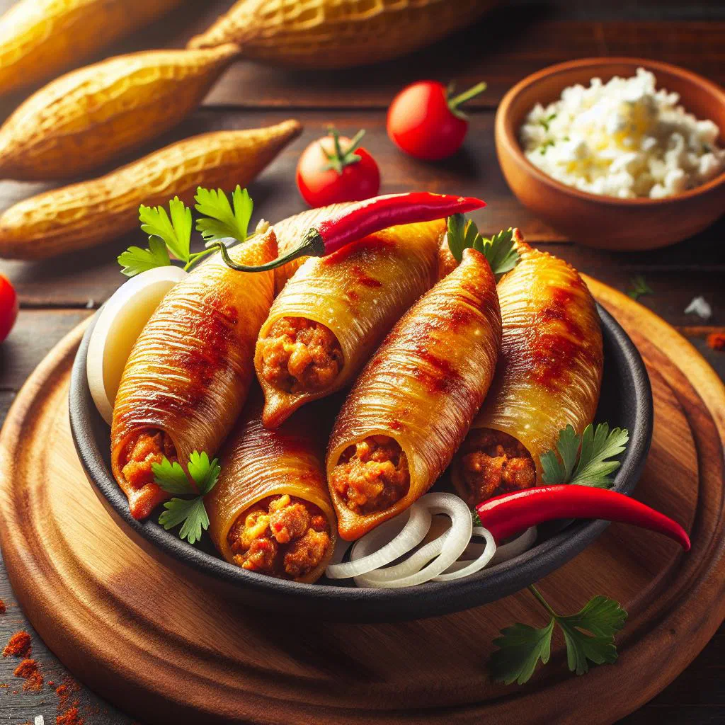 Golden fried yuca fritters filled with minced meat, served on a plate
