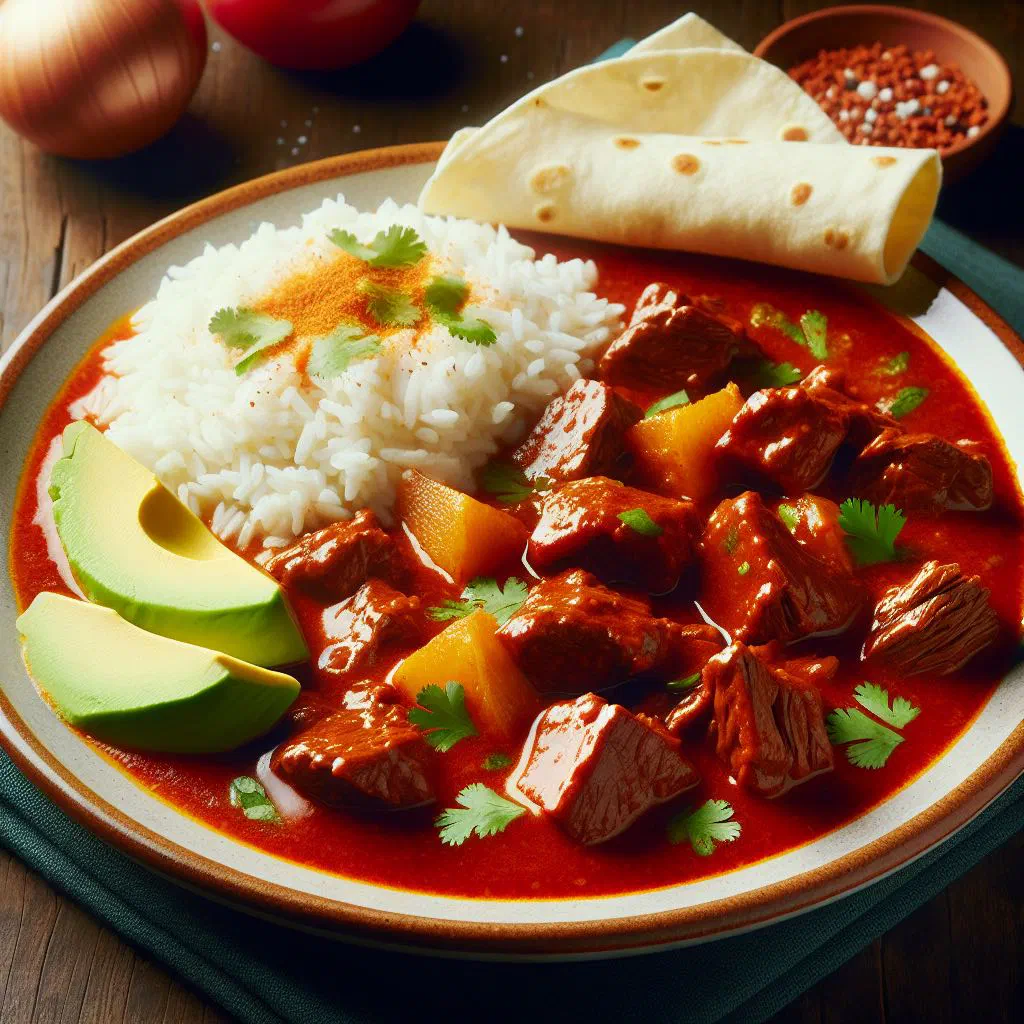 Tender beef simmered in a rich tomato sauce, garnished with fresh coriander