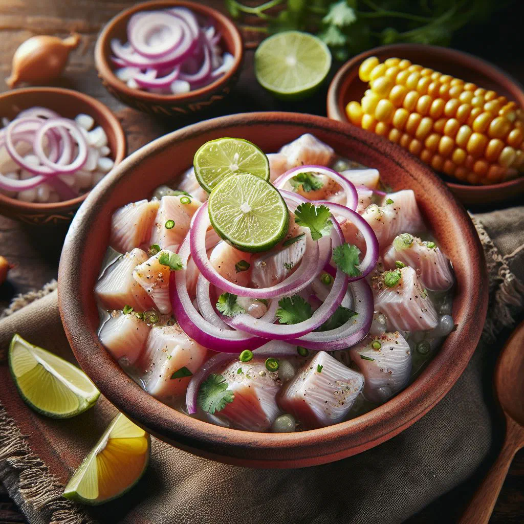 Ceviche de corvina with red onion, coriander and lime in a bowl