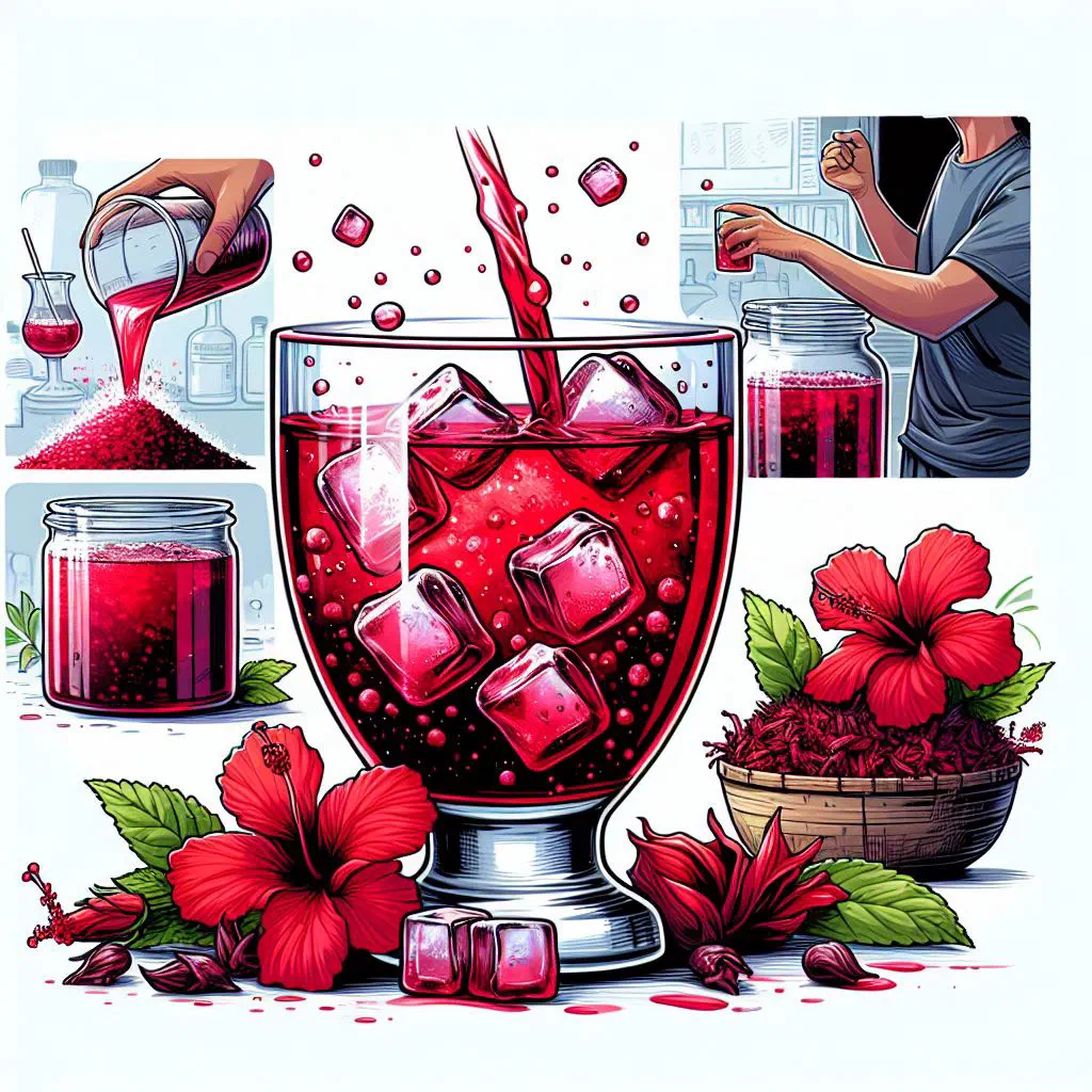 A tall glass of deep red chicha de saril over ice, garnished with mint