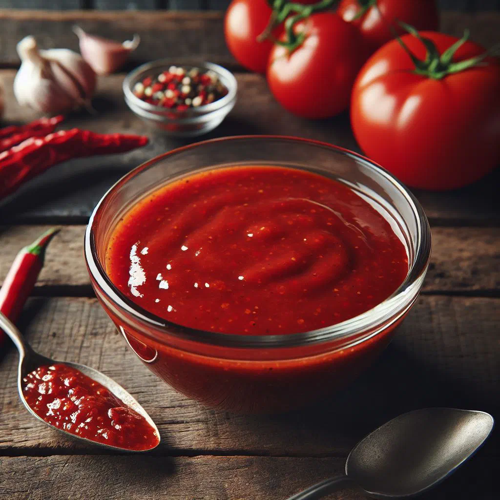 A small bowl of fiery red Panamanian chombo sauce with fresh chilli and lime