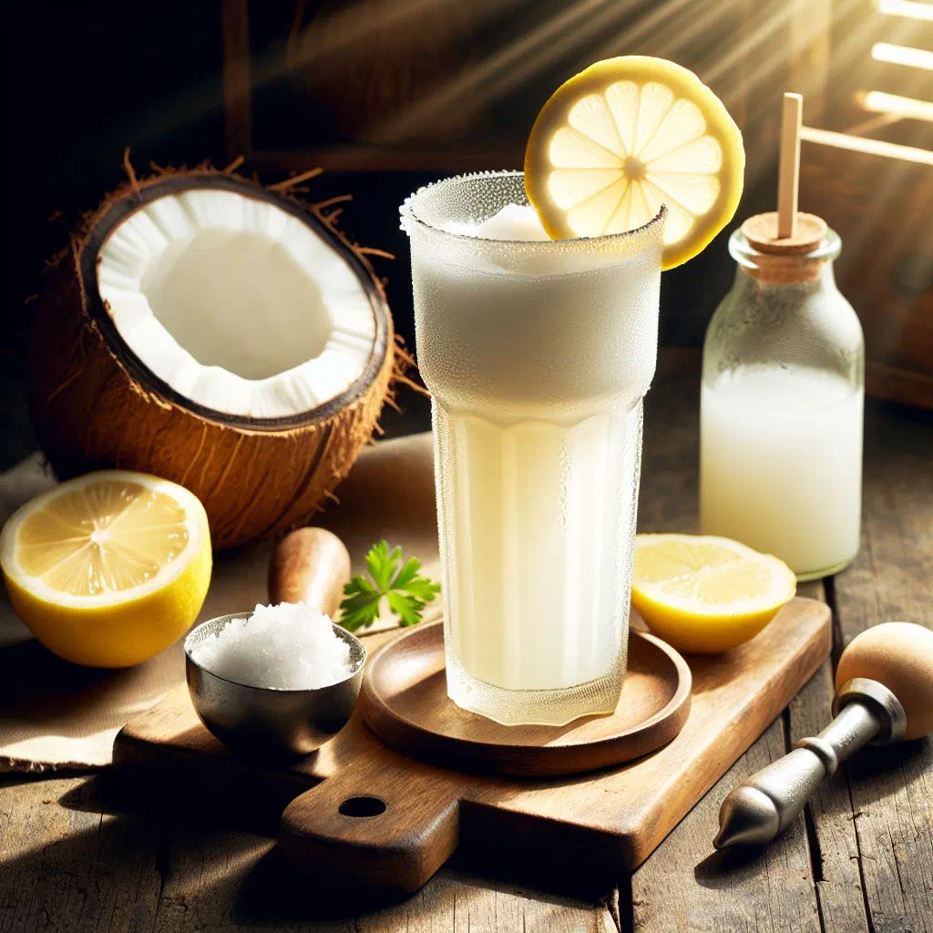 A tall glass of coconut limeade garnished with lime slices and fresh mint