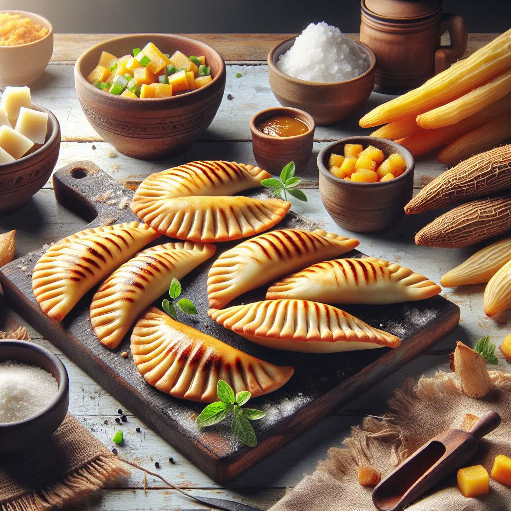 Golden fried cassava empanadas filled with seasoned meat