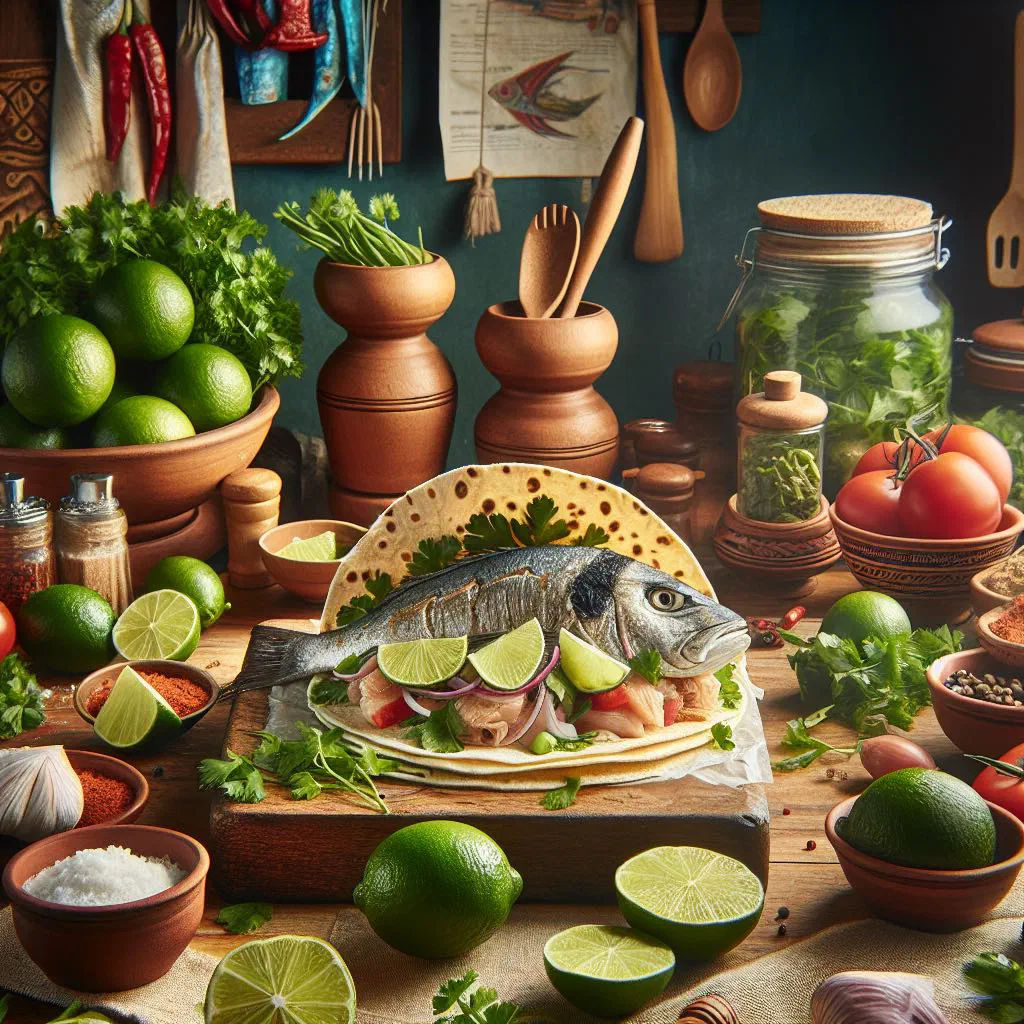 Fish tacos topped with avocado, tomato and fresh coriander on soft tortillas