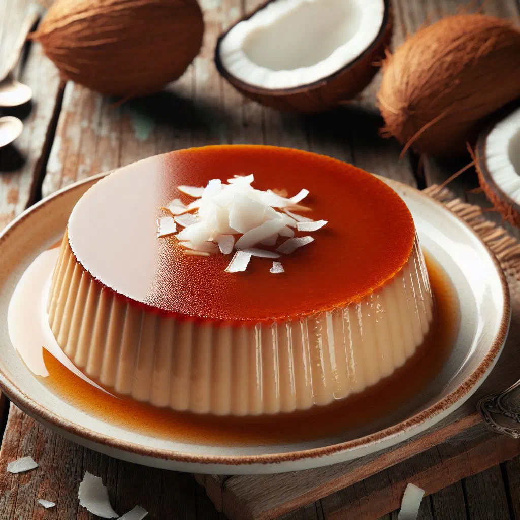 Coconut flan turned out onto a plate with golden caramel