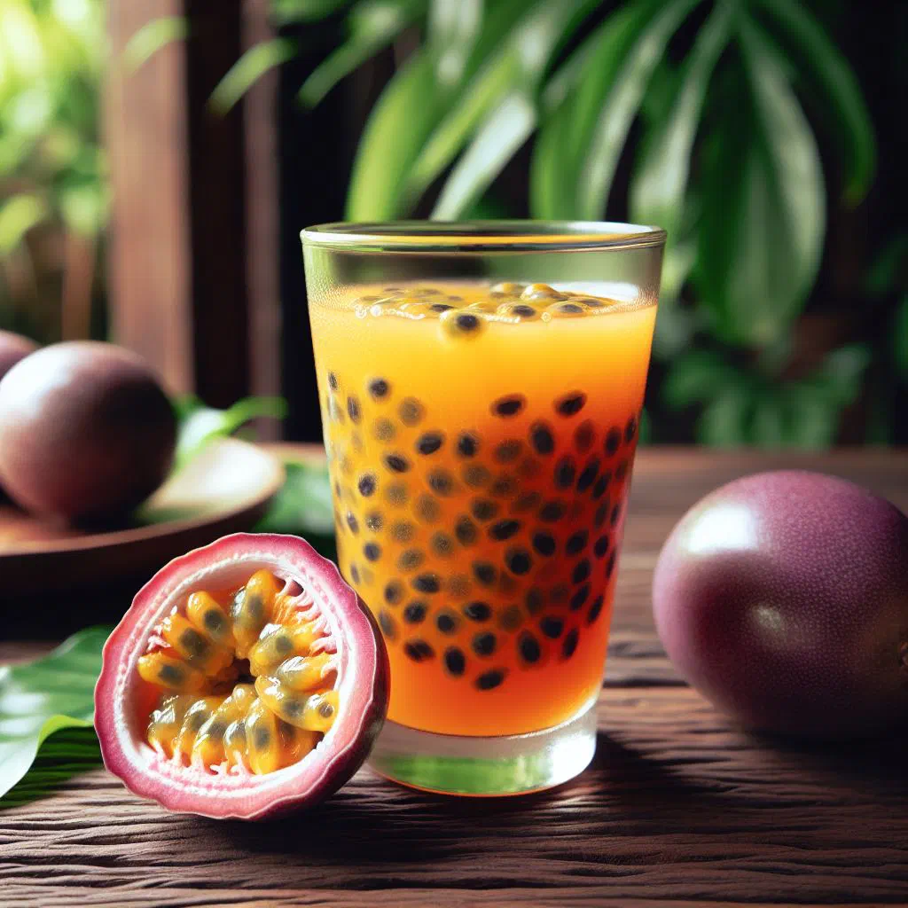 A tall glass of chilled passion fruit juice garnished with mint